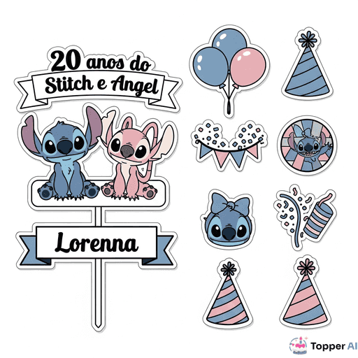 Topper de Bolo Temático Stitch e Angel